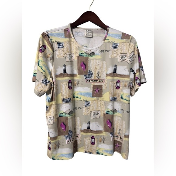 Allison Daley Tops - Alison Daley Coastal Print Short Sleeve Top Size XL Lighthouse Beach Nautical